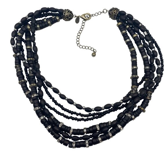 Chicos Signed Multi Strand Black Wood Bead Statement Necklace Rhinestone Boho - Picture 2 of 8